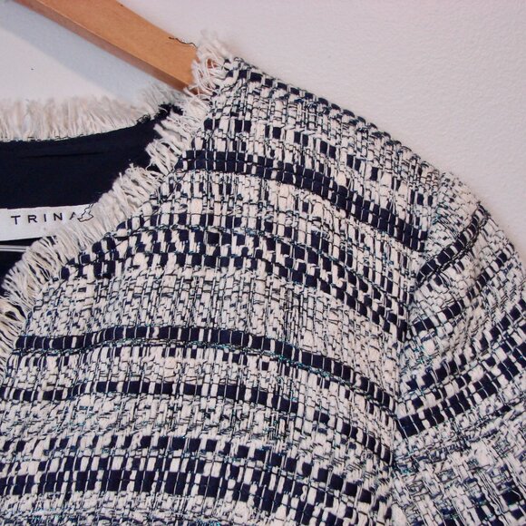 Trina Turk Tweed Midi Dress Navy White Shift V-neck Fringe Business Office 8 - Picture 4 of 16